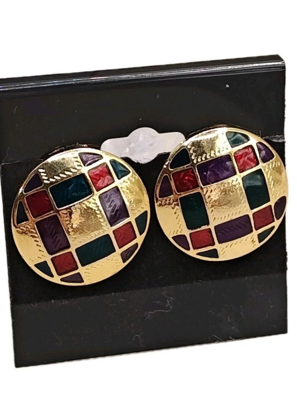 Vtg USA 80s Edgar Berebi Round Elegant Earrings Red Green Square Enamel Goldtone